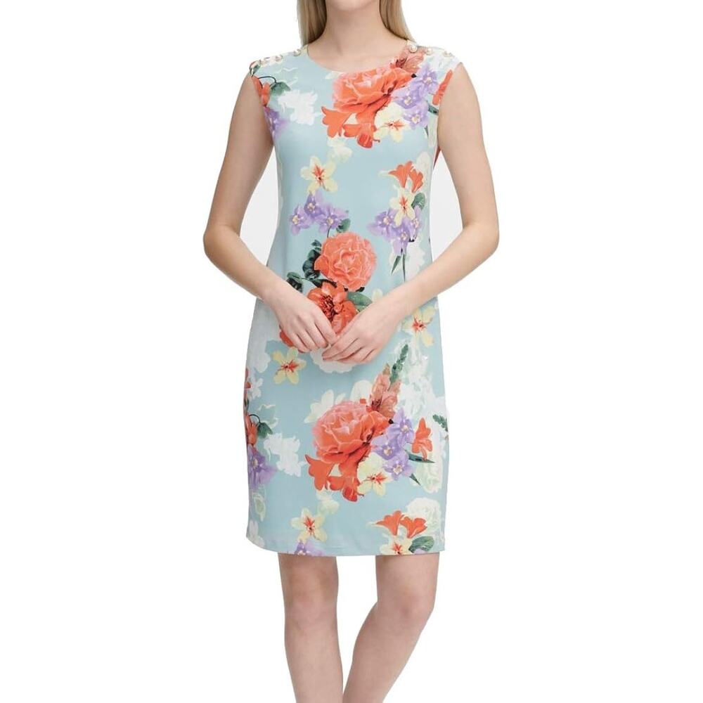 Calvin Klein Floral Sleeveless Dress with Pearls at Shoulder Medium